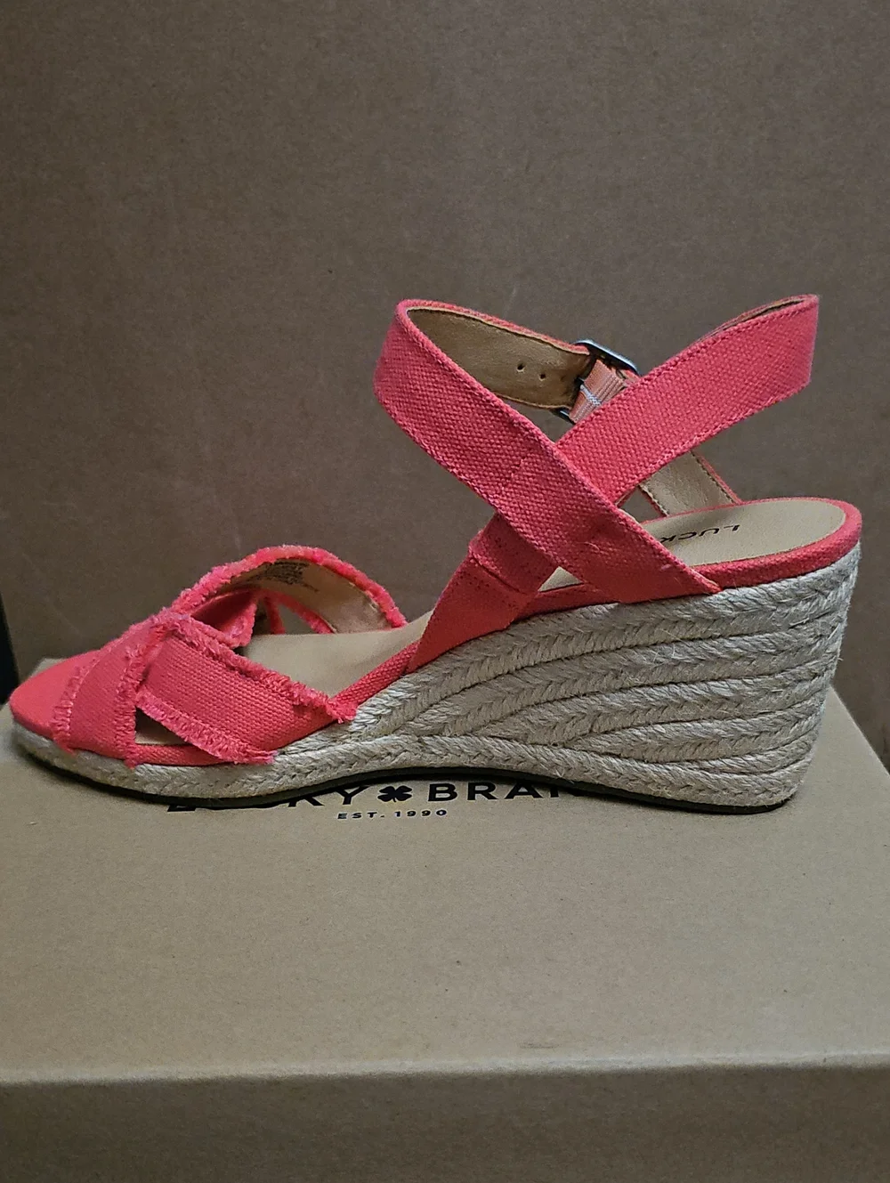 Lucky Brand Margaline Canvas Wedge Espadrilles Frayed Coral 9.5M New MSRP $79